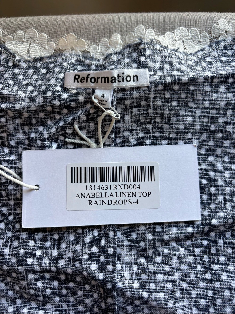 Reformation Annabella Linen Raindrops Navy Polka Dot Lace-Trim Short Sleeve 4 - Picture 5 of 9